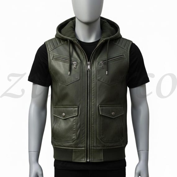 Men's Olive Green Genuine Leather Vest | Hooded Sleeveless Biker Jacket | Zip-Up Motorcycle Vest | Handmade Leather Waistcoat