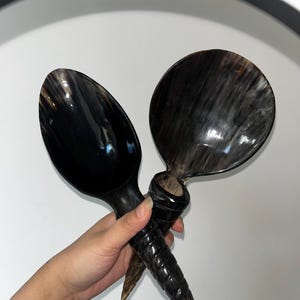 Puede incluir: Dos cucharas de cuerno marrón oscuro con acabado brillante. Una cuchara tiene un cuenco redondo, la otra un cuenco ovalado. Los mangos son texturizados y en forma de cono. Las cucharas se sostienen en una mano.