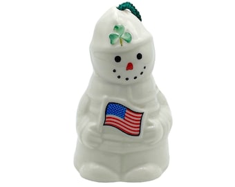 Vintage BELLEEK Ireland Fireman Snowman Ornament with Flag #2634 / Collectible / Irish Porcelain / Gift