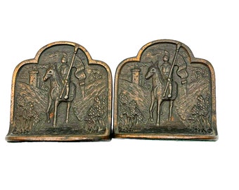 Antique Pair of Hubley Bronze Cast Iron Bookends Medieval Knight on Horse with Castle #74 / Antique Bookends / Home Decor / Collectible