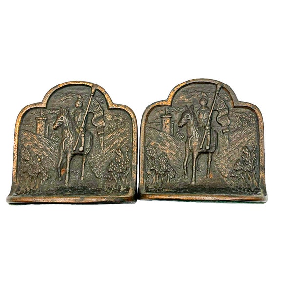 Antique Pair of Hubley Bronze Cast Iron Bookends Medieval Knight on Horse with Castle #74 / Antique Bookends / Home Decor / Collectible