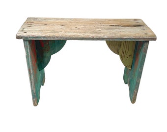 Antique Green Red Distressed Wood Stool | Rustic Farmhouse Plant Stand or Shelf | Primitive Vintage Display Bookstand | Chippy Paint