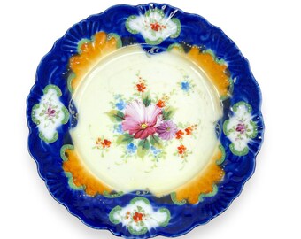 Antique 1800's Decorative Porcelain Plate Hand-Painted Flowers in Blue and Orange