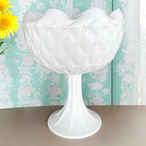 Elegant Vintage Indiana Milk Glass Pedestal Vase – Quilted Pattern, Crimped Rim, Timeless Decor