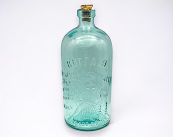Antique Buffalo Mineral Springs Water Half Gallon Aqua Blue Glass Bottle 10.75" with Mermaid Logo and Cork / Collectible Glass