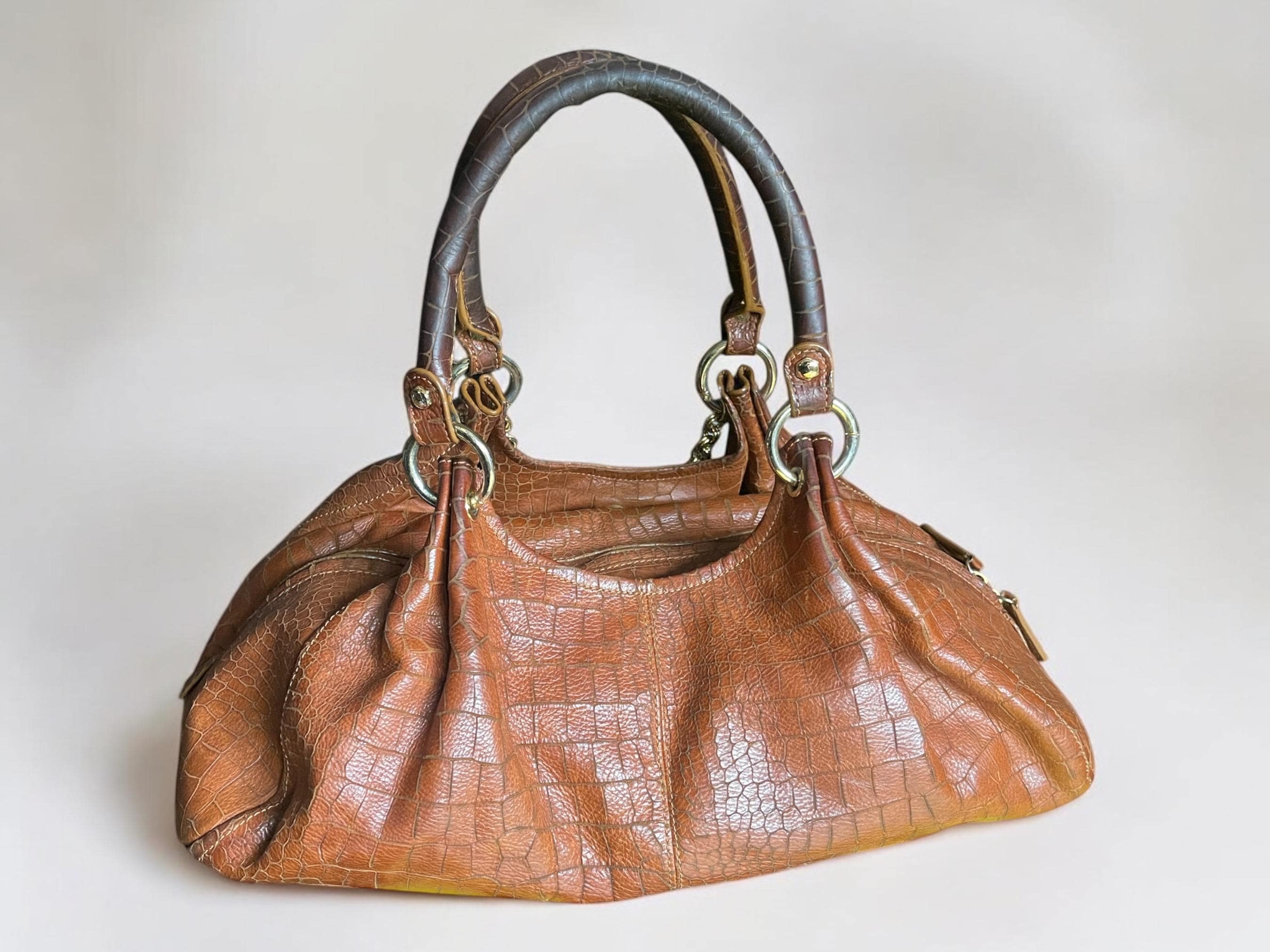 Vintage Perlina Brown Croc-embossed Leather Handbag: Gold Chain