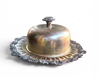Mantequera de estilo normando antiguo, reproducción del estilo inglés antiguo, con cúpula – Baño de plata sobre cobre – Plato de servir antiguo