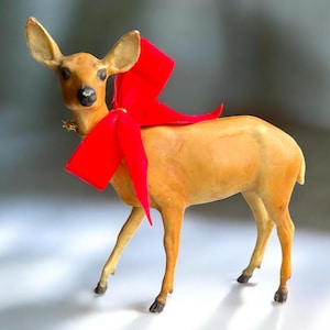 Vintage Plastic Resin Deer Figurine with Red Bow | Retro Christmas Deer | Holiday Mantel Decor | Mid Century Breyer Style Reindeer