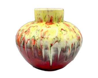 Mid Century Vase with Drip Glaze in Red and Yellow / Vintage Ceramic Drip Vase / Vintage Pottery Vase / Home Decor