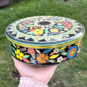 Vintage Daher Tin | Colorful Embossed Design | Made in England | 1960s–1970s Collectible Storage Tin