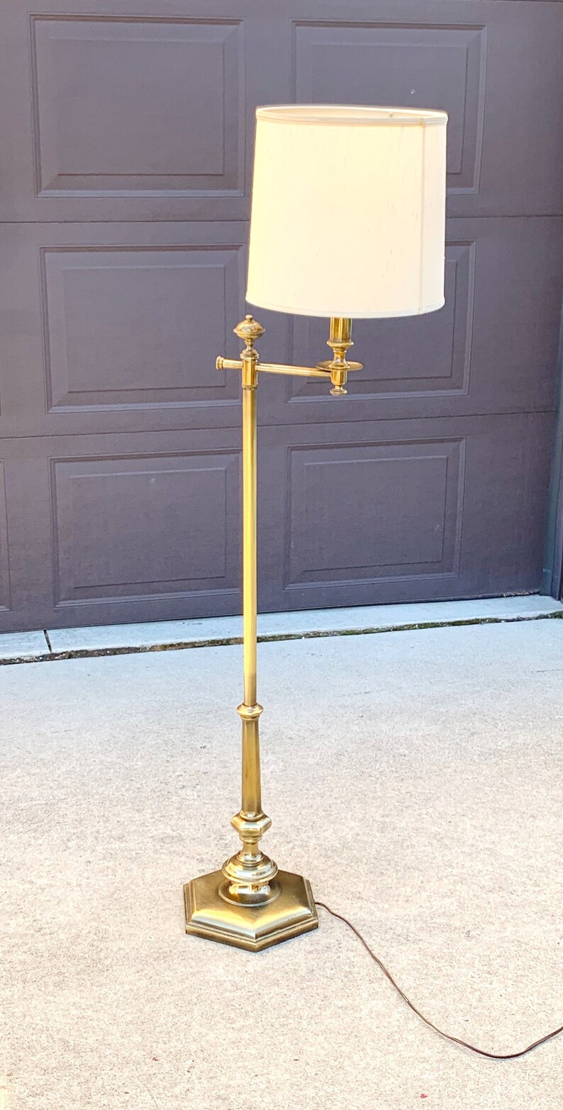 Mid Century Stiffel Brass Floor Lamp Stationary Swing Arm With Hexagon Base Vintage