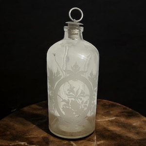 Vintage Frosted Glass Etched Apothecary Bottle with Floral Design/ Glass Bottle / Home Decor/ Vanity/ Bathroom Decor