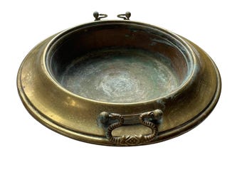 Antique Brass & Copper Brazier with Handles – Verdigris Patina – Primitive Coal Vessel – Rustic Planter, Bird Bath or Old World Garden Decor