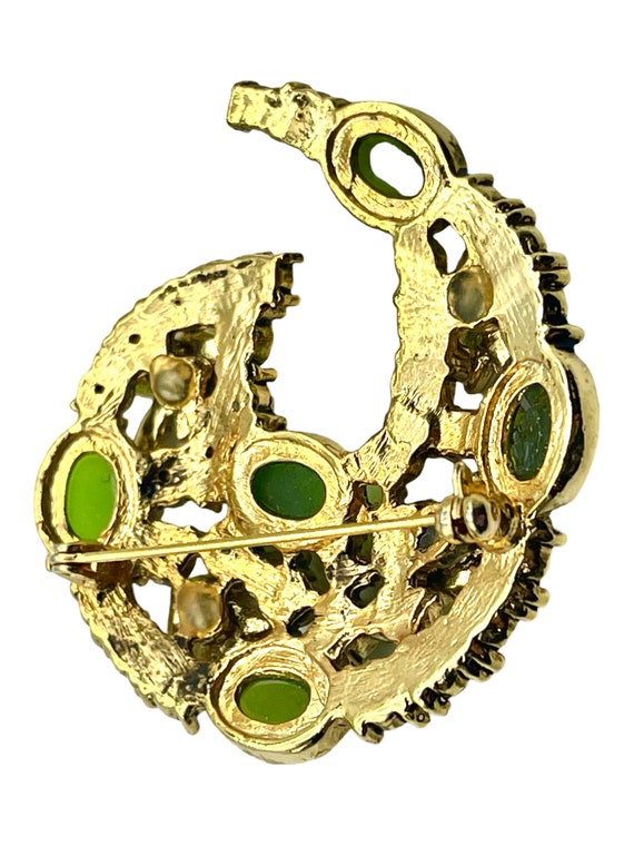 Vintage Gemstone Swoosh Brooch Green & Gold / Vin… - image 2