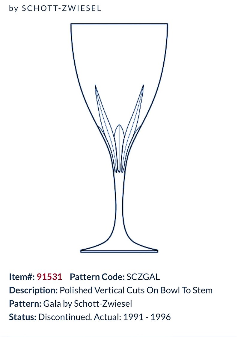 Może przedstawiać: Szklanka do wina z przezroczystego szkła z polerowanym pionowym wzorem cięcia na kielichu i trzonie. Szklanka jest częścią wzoru Gala firmy Schott-Zwiesel. Numer artykułu: 91531. Kod wzoru: SCZGAL. Wycofany z produkcji. Aktualny: 1991-1996.