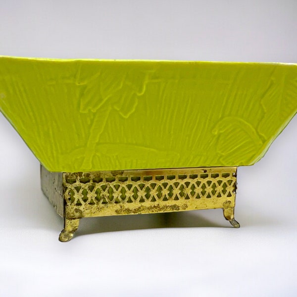 Mid Century Chinoiserie Planter with Stand in Chartreuse Green and Gold Embossed Print S-34 / Home Decor / Ceramic Planters and Flower Pots