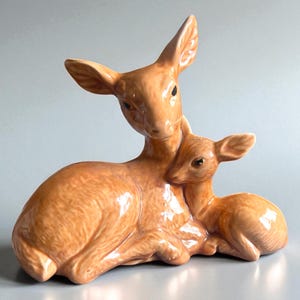 Vintage Ceramic Deer and Fawn Figurine | Glazed Japan-Made Woodland Animals, Nestled Lying Down | Mid Century Kitsch Forest Decor, 4.5&quot; Tall