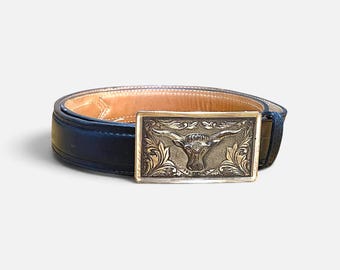 Vintage Justin Black Leather Western Belt Size 42 Engraved Longhorn Buckle USA 8023B
