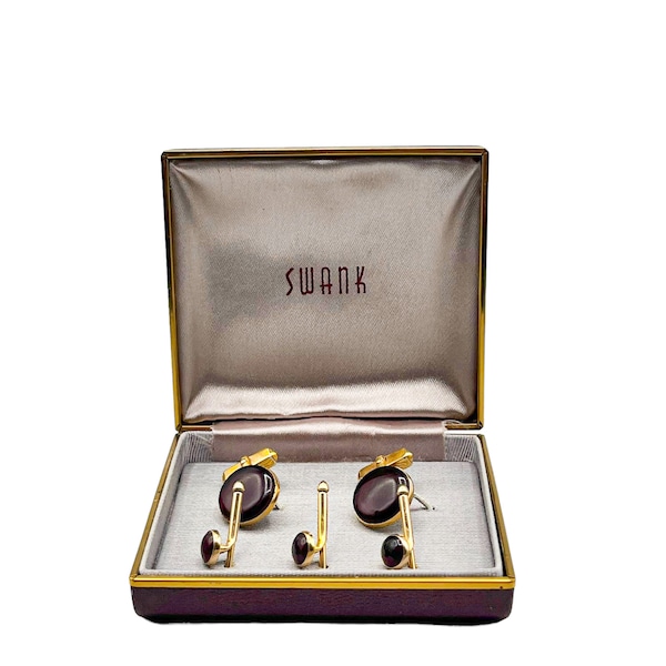 Vintage SWANK Cufflinks & Tuxedo Buttons 5-Piece Set Gold and Ox Blood Red in Original Box / Vintage Tuxedo Buttons Studs  / Formal Wear