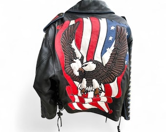 Vintage Vilanto Black Leather Motorcycle Jacket – Eagle & Southwestern Design – Men’s Medium