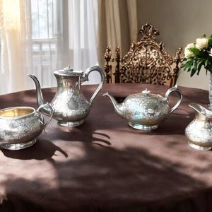 1880s Sheffield England Silver Plate Tea Set - Clover Design 5102 - Coffee Pot, Tea Pot, Creamer & Sugar - Vintage Antique Tea Service Set