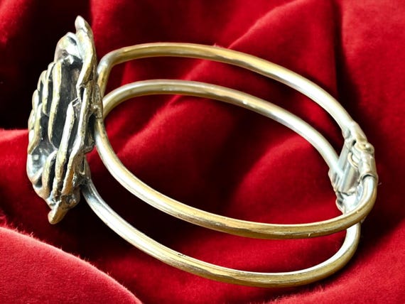 Vintage Silver Rose Cuff Bracelet: Brass-Toned Fl… - image 5
