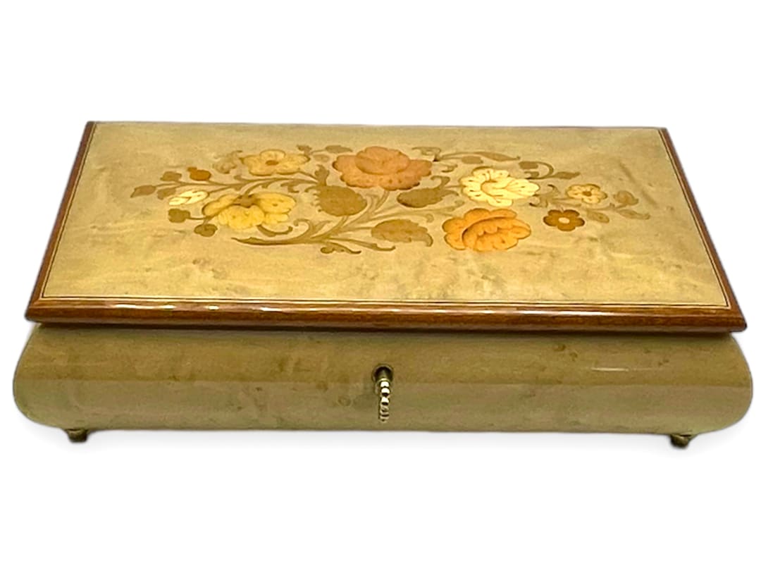 Vintage Reuge Music Box With Key Sorrento Italy Inlaid Flower Design