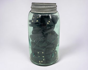 Antique Blue Aqua Ball Jar with Zinc Oxide Lid and Filled with Dominoes / Home Decor / Collectibles