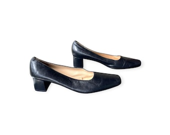 Vintage Salvatore Ferragamo Black Leather Block Heel Pumps | Square Toe | Size 10 | Made in Italy