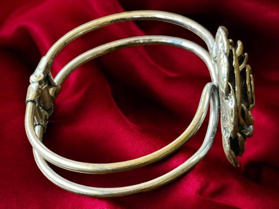Vintage Silver Rose Cuff Bracelet: Brass-Toned Fl… - image 3