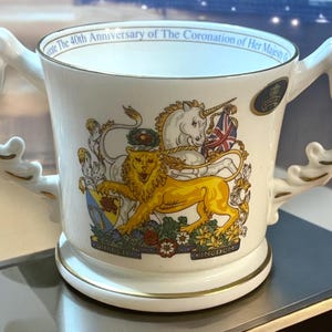 Vintage Aynsley China England Collectible Mug Double Handles 40th Anniversary of the Coronation of Her Majesty Her Queen (1953-1993)