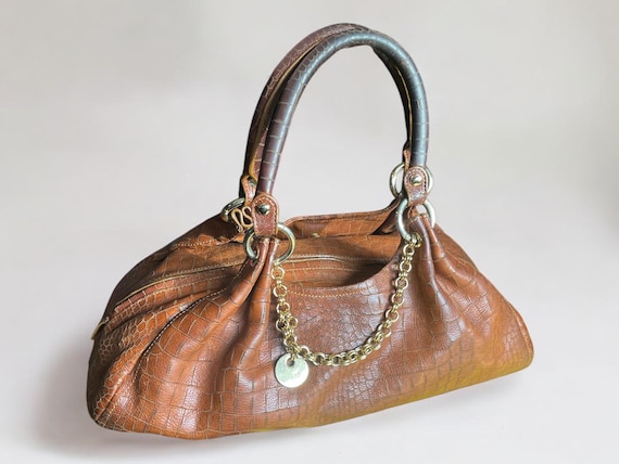 Vintage Perlina Brown Croc-Embossed Leather Handb… - image 1