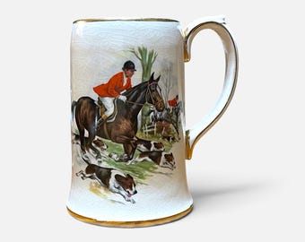 Vintage Sadler Hunting Scene Tankard, Fox Hunt Horse & Hounds Mug, Gold Trim, Made in Staffordshire England, English Equestrian Stein