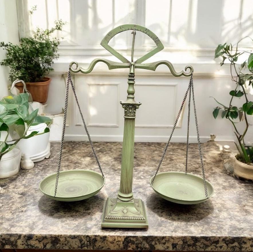 Vintage Balance Scale | Neoclassical Justice Scale | Antique Farmhouse Decor in Sage Green | Brushed Brown Patina | Home Accent Piece