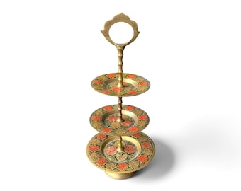 Vintage Brass 3-Tier Tidbit Tray | Hand Painted Enamel Floral Serving Stand | Indian Brassware Appetizer Dish | Boho Vintage Decor