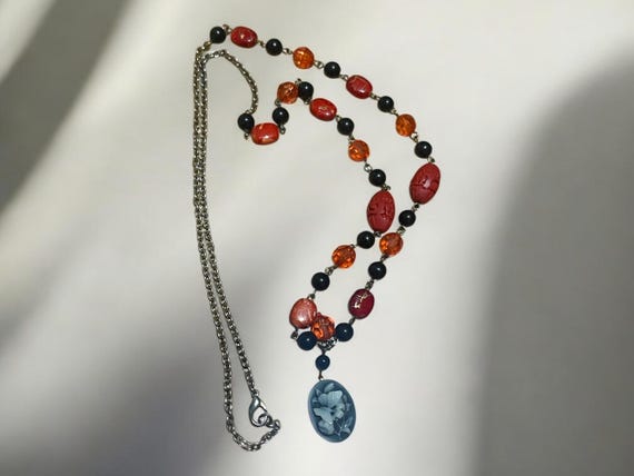 Vintage Beaded Necklace: Ceramic Butterfly Pendan… - image 1