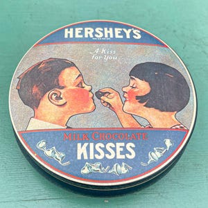 Vintage 1982 Hershey’s Kisses Tin | Made in England | Metal Candy Container | A Kiss For You | Chocolate Collectible Storage Box