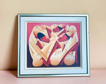 Cuadro al óleo firmado por Laurent Casimir, gran obra de arte figurativa cubista haitiana, decoración de pared modernista afrocaribeña vintage, obra de arte original enmarcada.