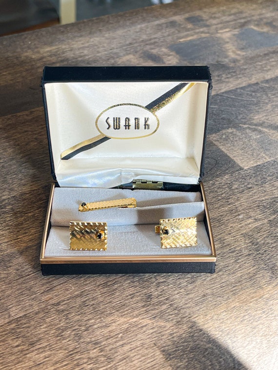 Vintage SWANK Cufflinks & Tie Bar Set in Box / Jew