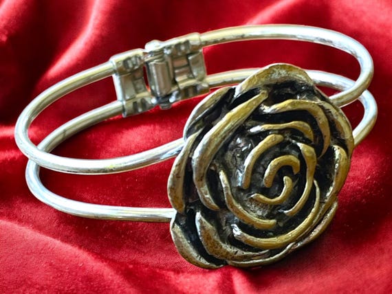 Vintage Silver Rose Cuff Bracelet: Brass-Toned Fl… - image 8
