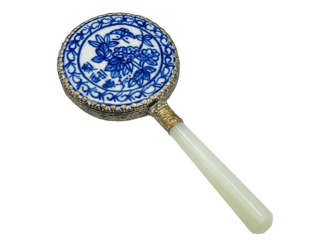 Vintage Chinese Hand Mirror With Jade Handle and Painted Etsy
