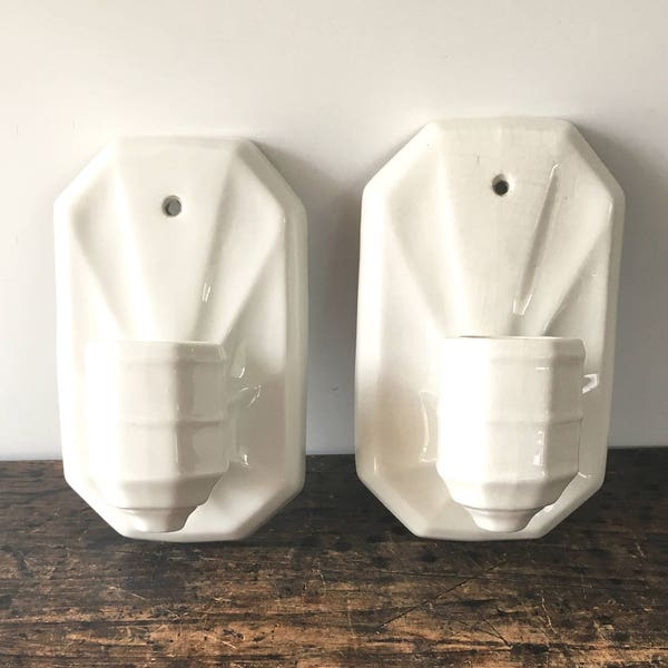 Vintage Lighting, Antique Ceramic Sconces, Pair of 1880's White Porcelain Wall Sconces, Authentic Franklin Pottery