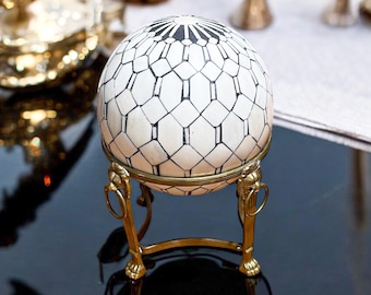 Vintage Hand-Carved Bone Sphere Orb with Mosaic Pattern on Brass Stand with Lions / Decorative Ball Sphere / Home Decor & Accents