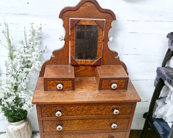 Antique 1800's Victorian Salesman Sample Dresser Chest with Mirror / Antique Small Dresser Wood with Burlwood Accents / Jewelry Box