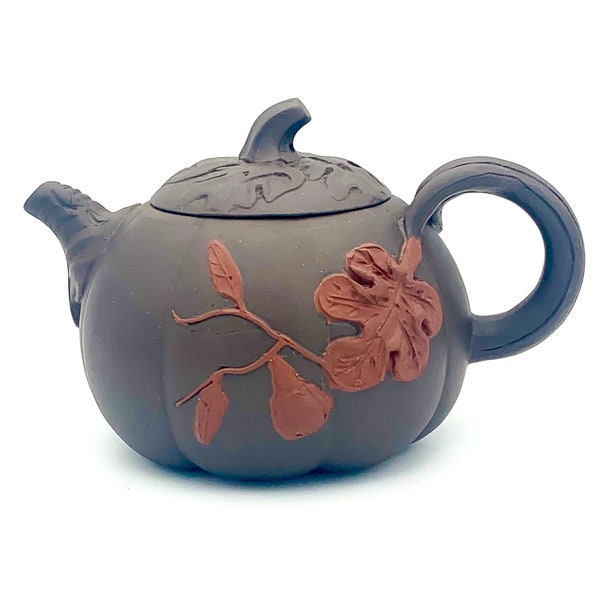 Vintage Yixing Chinese Ceramic Teapot Pumpkin Teapot with Leaves by Female Master Yang Yifen (Yi Fen) / Fall Decor / Gift Idea