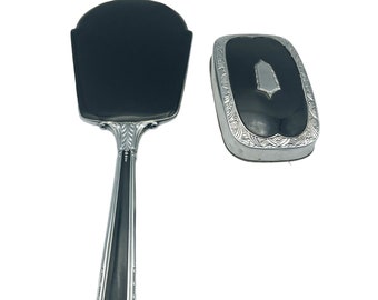 Antique S & B Saart Brothers Vanity Hand Mirror and Brush Set with Black and Silver / Hand-Held Mirror and Matching Brush / Collectible