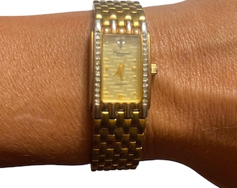 Vintage Gruen Precision Gold-Plated Watch with Diamond & Crystal Bezel — Ladies Quartz Watch
