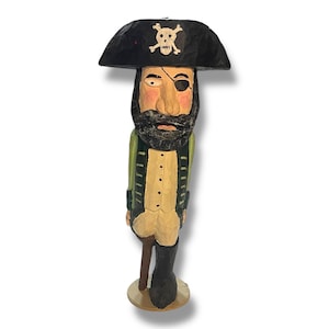 Vintage Folk Art Hand-Carved Wood Pirate Figurine | Bearded Peg Leg Pirate with Skull & Crossbones Hat | 2005 Signed | Nautical Decor