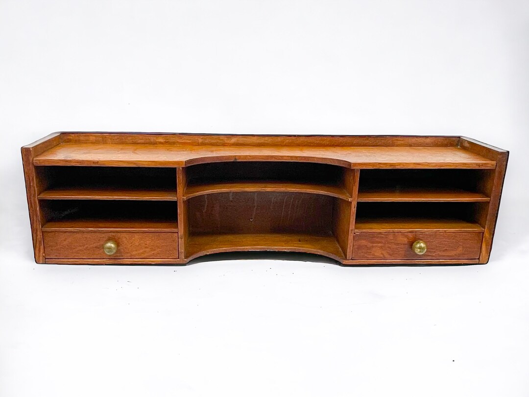 Antique Tiger Oak Wall Shelf With Drawers, Brass Knobs and 6 Pigeon Holes / Desk Top Storage