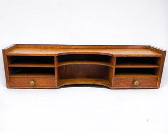 Antique Tiger Oak Wall Shelf with Drawers,  Brass Knobs and 6 Pigeon Holes / Desk Top Storage Organizer / Cubby